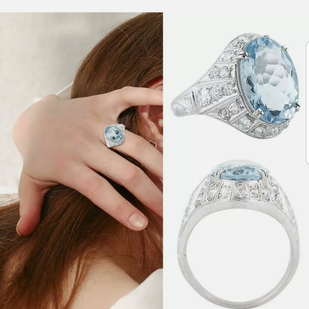 New Fashion Women Blue Aquamarine Ring Gemstone - Picture 4 of 10
